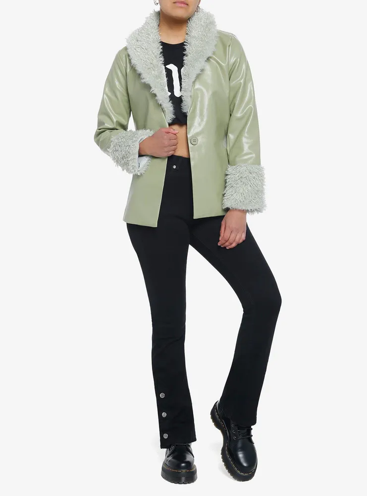 Green Fuzzy Trim Girls Faux Leather Jacket