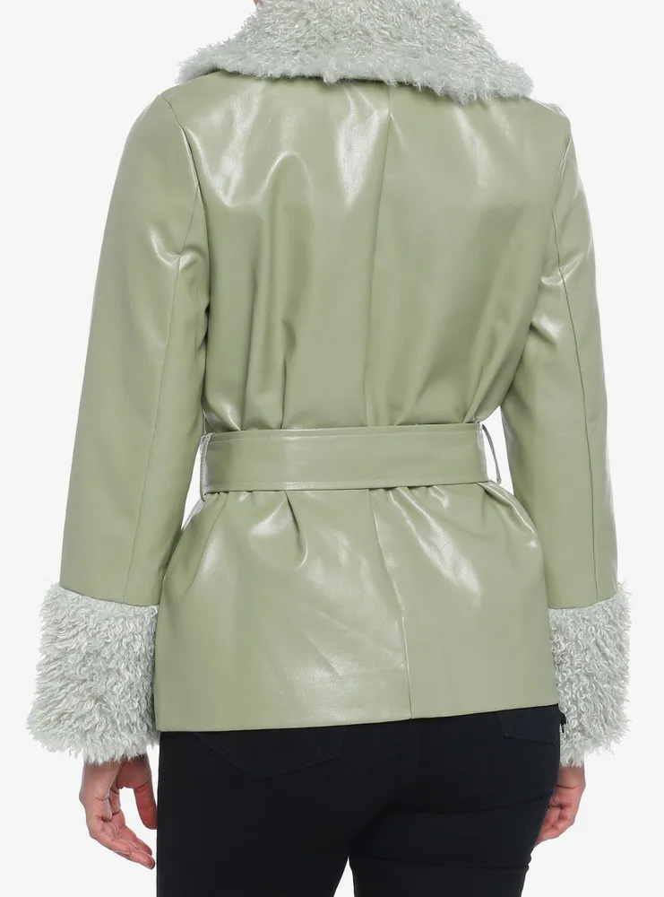 Green Fuzzy Trim Girls Faux Leather Jacket