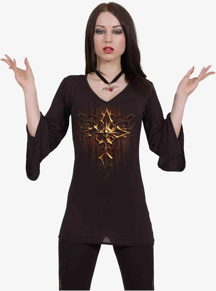 Dripping Gold V Neck Goth Long-Sleeve Top