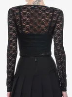 Black Lace Button-Front Girls Long-Sleeve Top