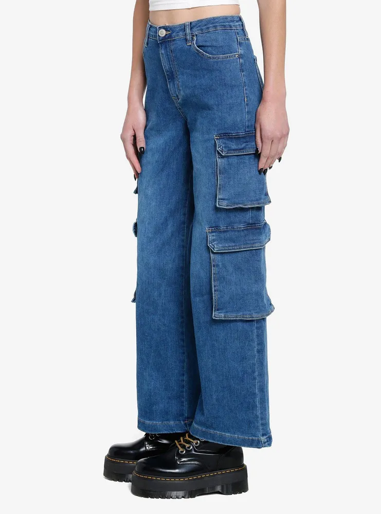 Blue Double Cargo Wide Leg Denim Pants