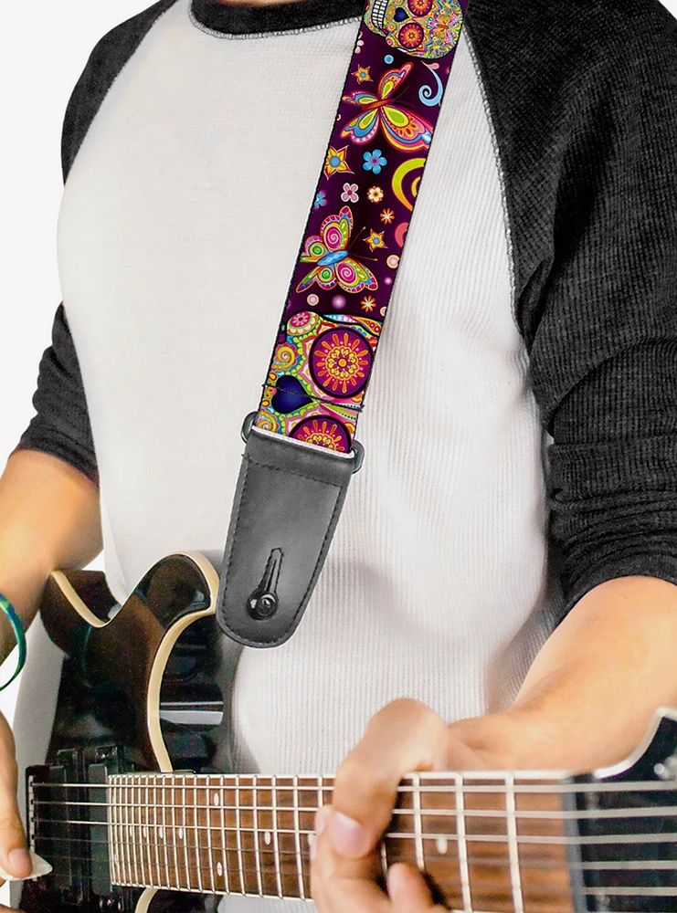 Mariposa Calaveras Butterflies Flowers Burgundy Guitar Strap