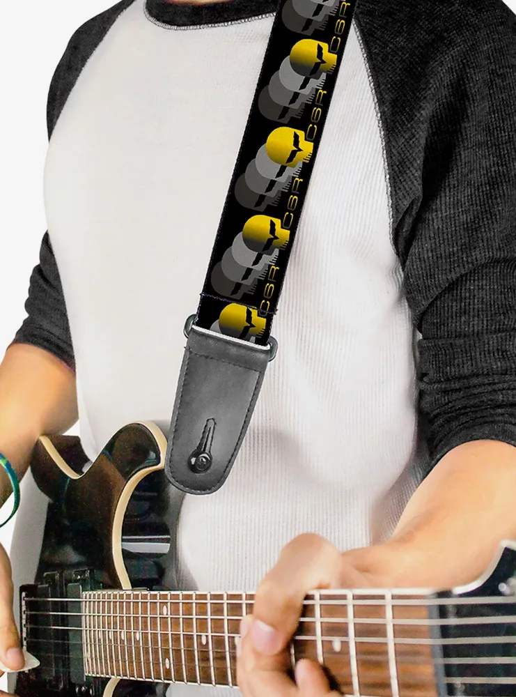 C6 Racing Skull Repeat Black Yellow Silver Guitar Strap