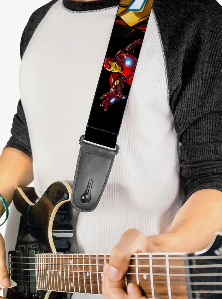 Marvel Iron Man Poses Face Close Up Black Guitar Strap