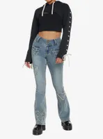 Social Collision Black & Cream Lace-Up Crop Hoodie