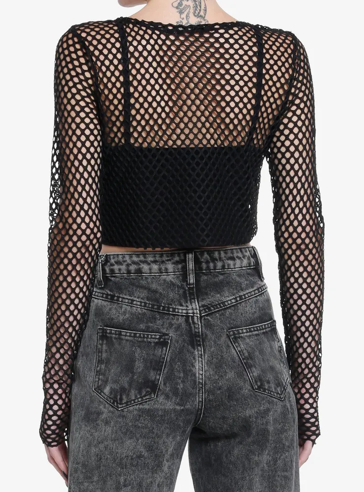 Social Collision Fishnet Girls Crop Long-Sleeve Top