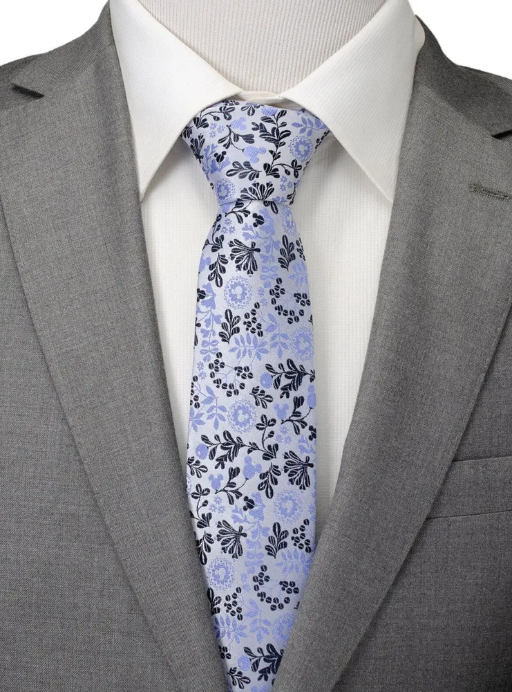 Disney Mickey Mouse Silhouette Floral Blue White Tie