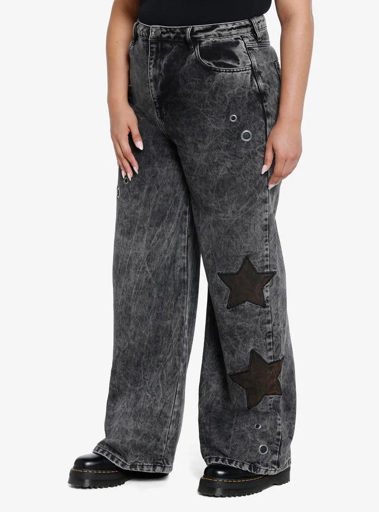 Black Star Grommet Wide Leg Denim Pants Plus