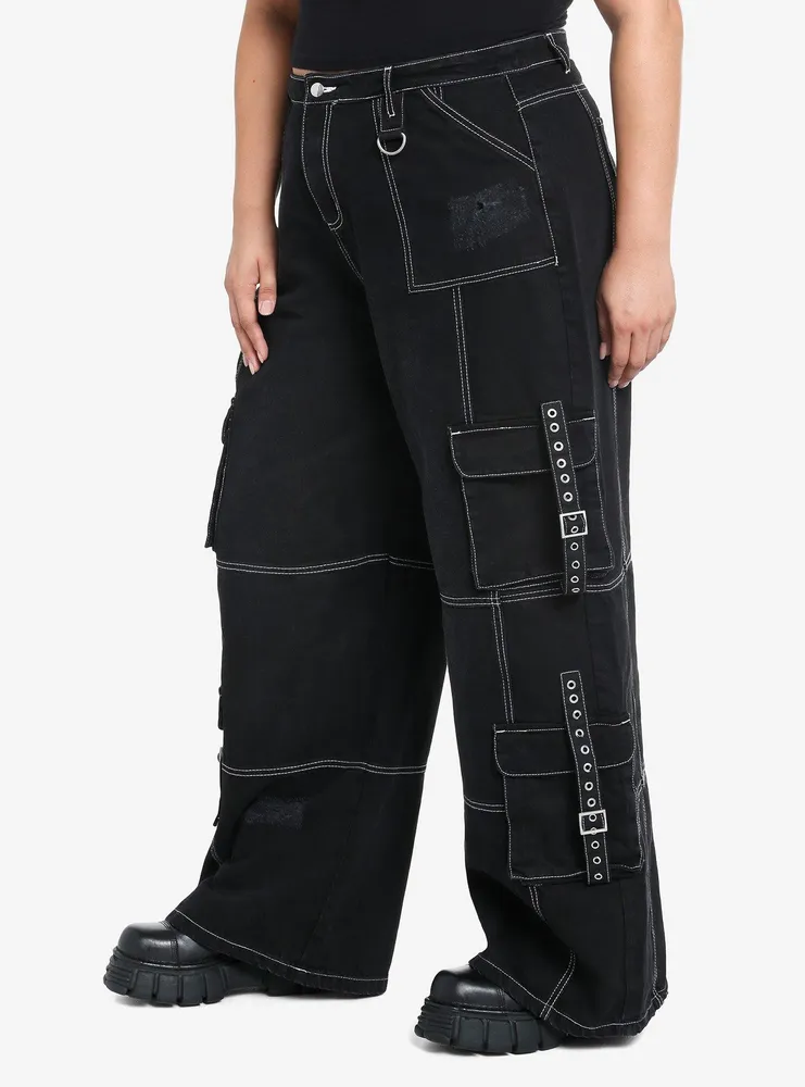 Black & White Contrast Stitch Destructed Carpenter Pants Plus