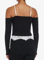 Thorn & Fable Black Ruched Lace Trim Girls Cold-Shoulder Top