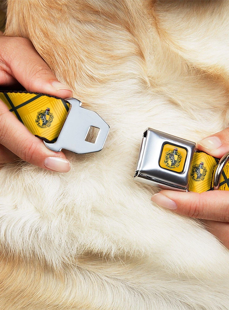 Harry Potter Hufflepuff Crest Plaid Yellows Gray Seatbelt Buckle Dog Collar