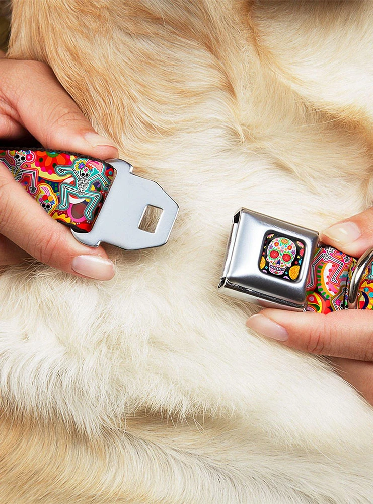 Dancing Catrinas Collage Multi Color Seatbelt Buckle Dog Collar