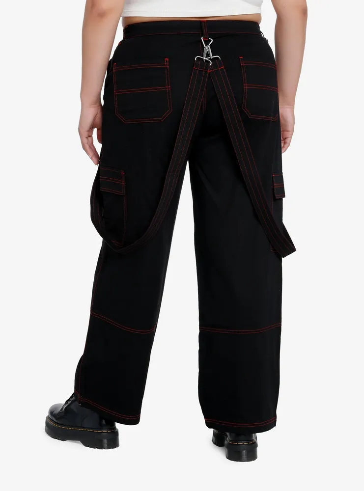 Hot Topic Social Collision Black & Red Contrast Stitch Strap Flare Pants  Plus