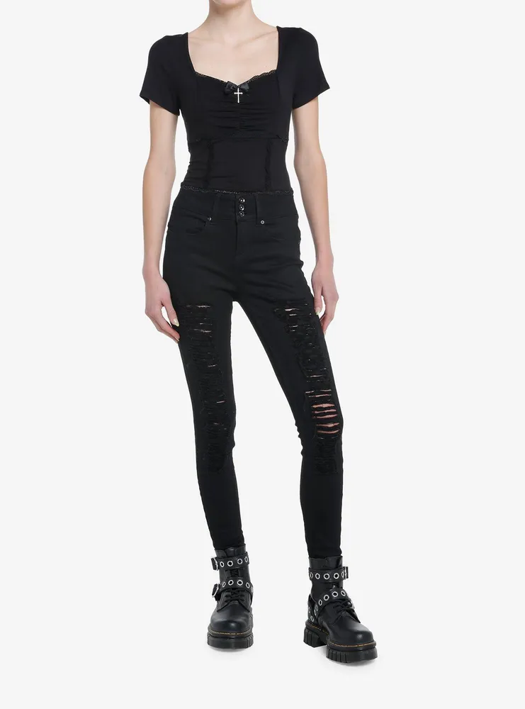 Cosmic Aura Black Cross Ruched Girls Crop Top