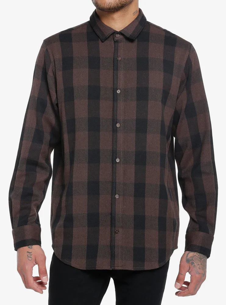 Brown Plaid Skull Rip Woven Button-Up