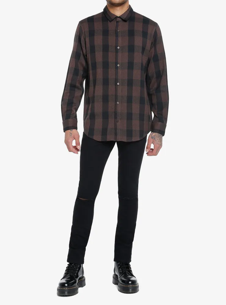 Brown Plaid Skull Rip Woven Button-Up