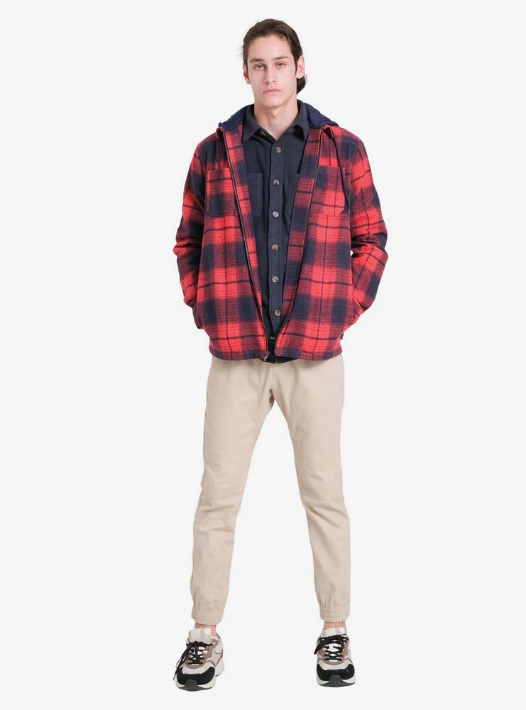 Red Navy Flannel Hooded Zip Shacket