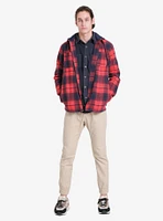 Red Navy Flannel Hooded Zip Shacket