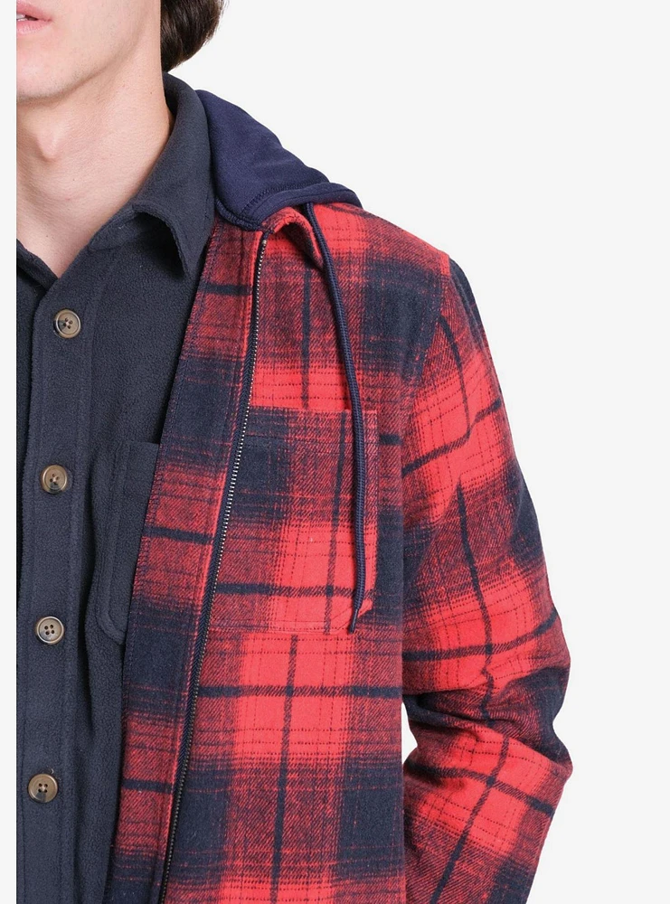 Red Navy Flannel Hooded Zip Shacket