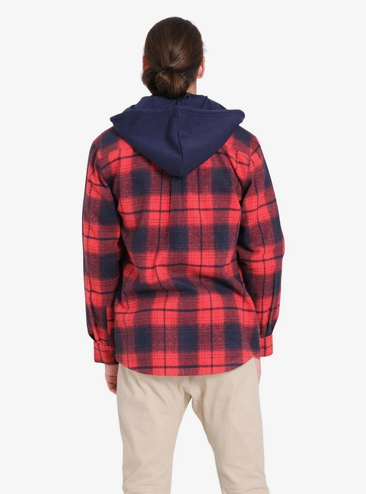 Red Navy Flannel Hooded Zip Shacket