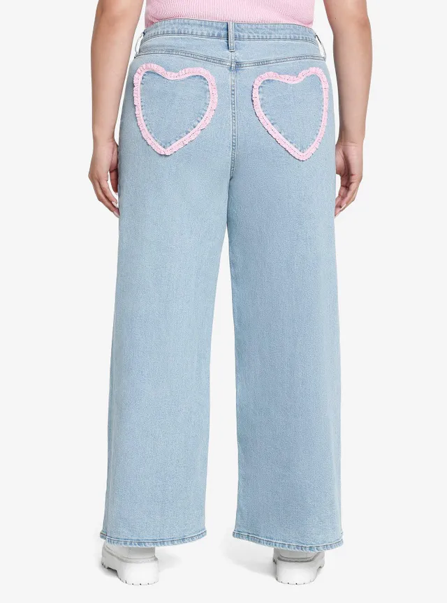 Pink Ruffle Heart Wide Leg Denim Pants Plus Size