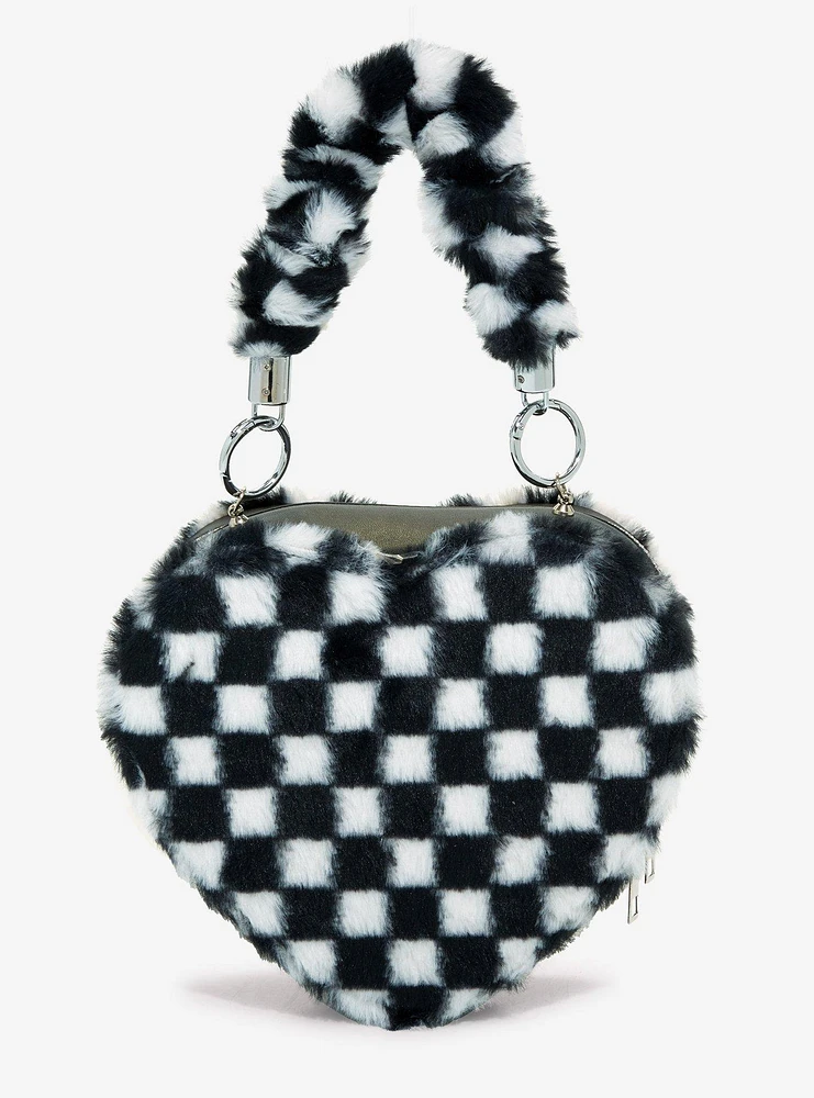 Black & White Checkered Fuzzy Heart Crossbody Bag