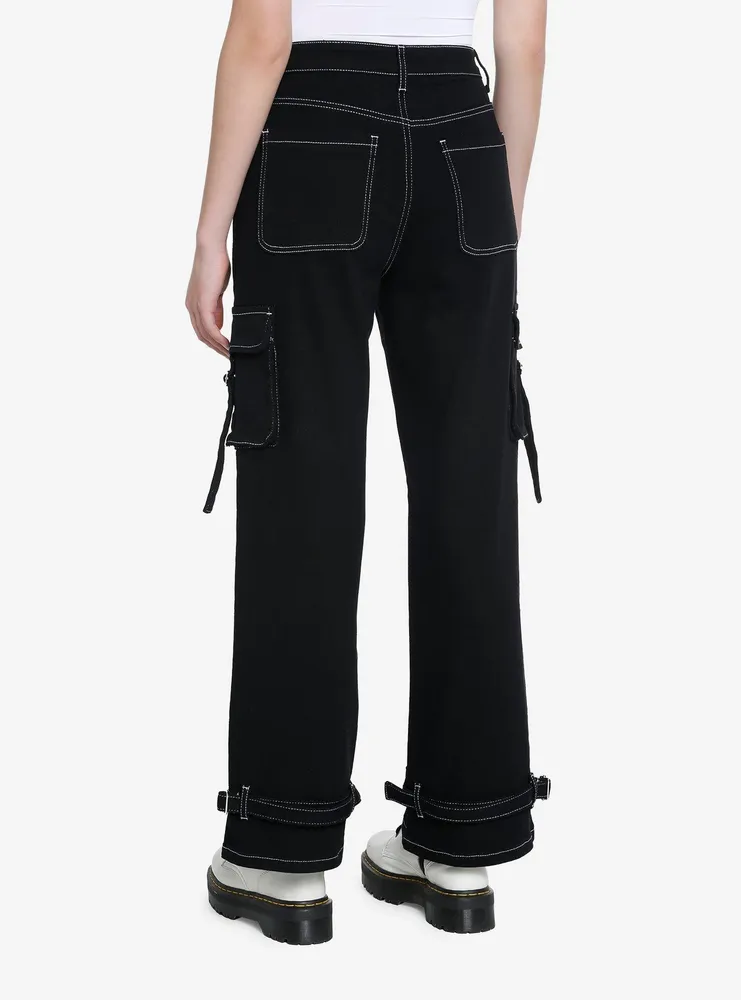 Black & White Contrast Stitch Strap Carpenter Pants