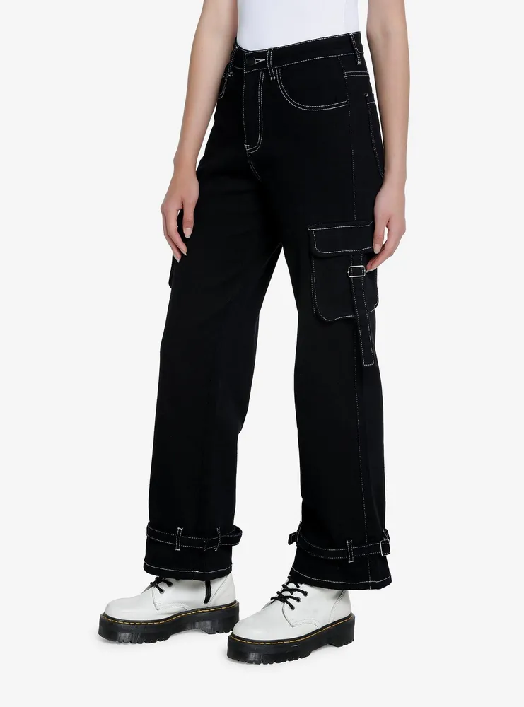 Black & White Contrast Stitch Strap Carpenter Pants