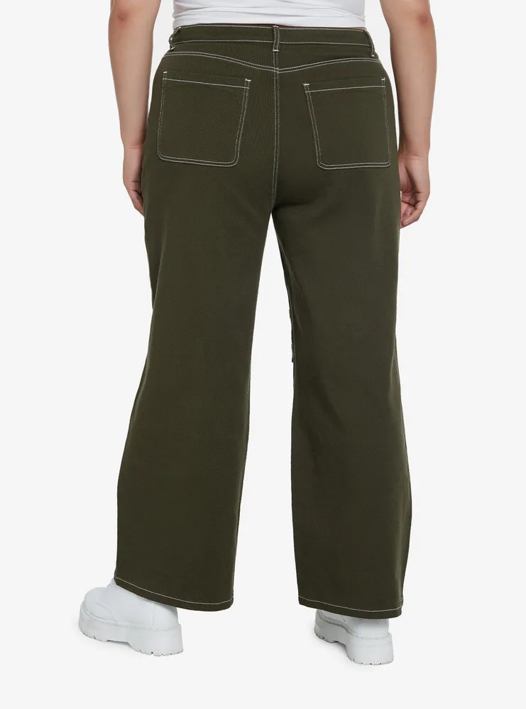 Green & White Contrast Stitch Strap Carpenter Pants Plus