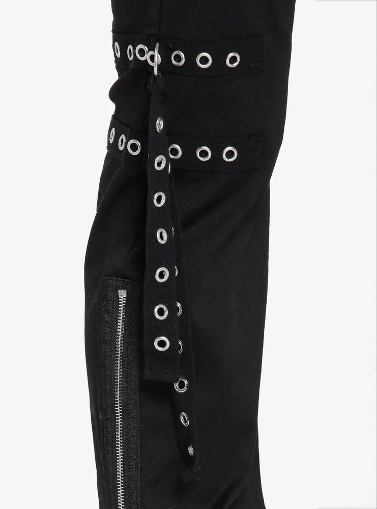 Social Collision Black Grommet Strap Zipper Flare Pants