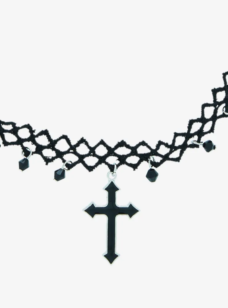 Black Bead Cross Choker