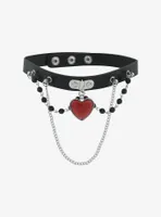 Red Heart Bead Chain Faux Leather Choker