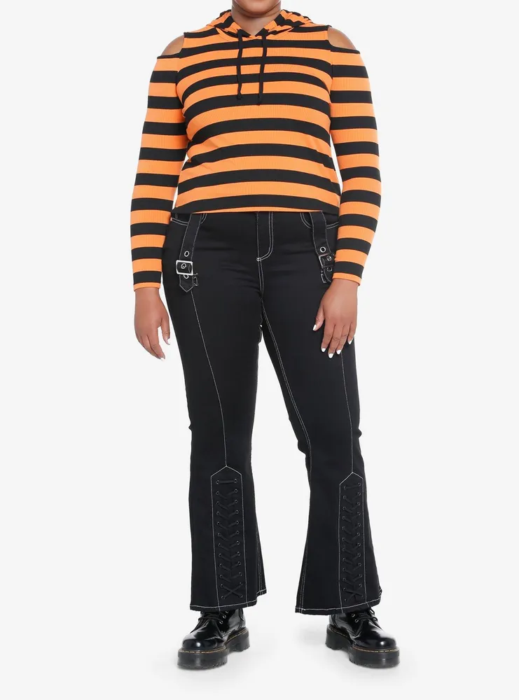 Social Collision Black & Orange Stripe Girls Crop Hooded Top Plus