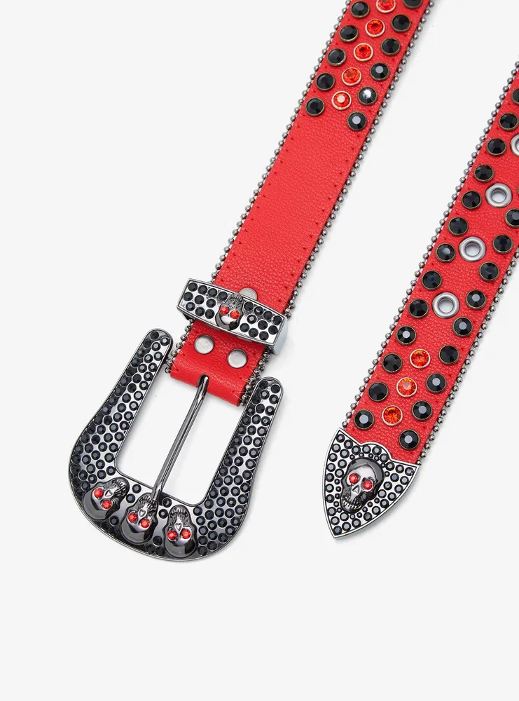 Unisex Rhinestone Bling Belt - Red and Silver - Skulls