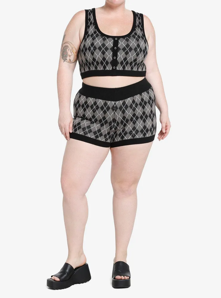 Cosmic Aura Black & Grey Argyle Knit Girls Shorts Plus