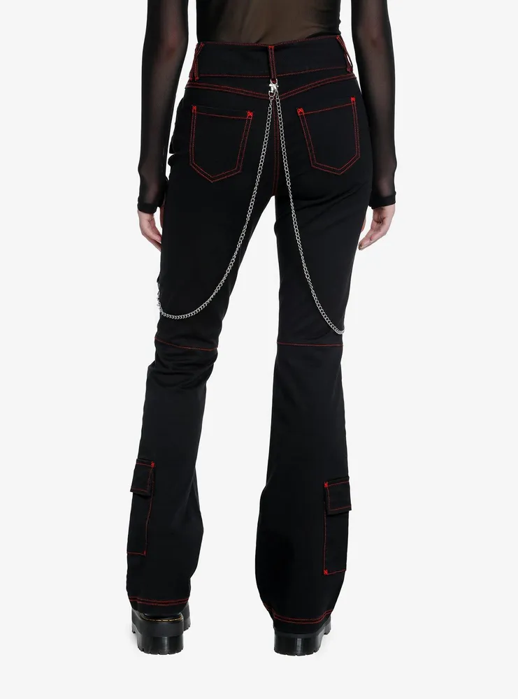 Social Collision Black & Red Contrast Stitch Strap Flare Pants