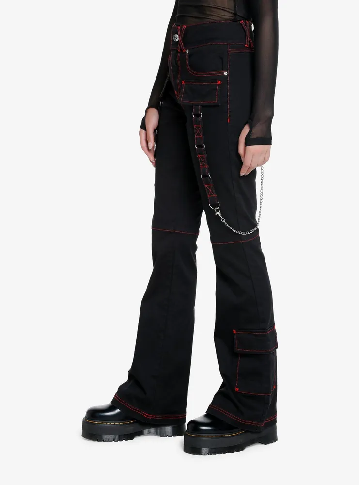 Social Collision Black & Red Contrast Stitch Strap Flare Pants