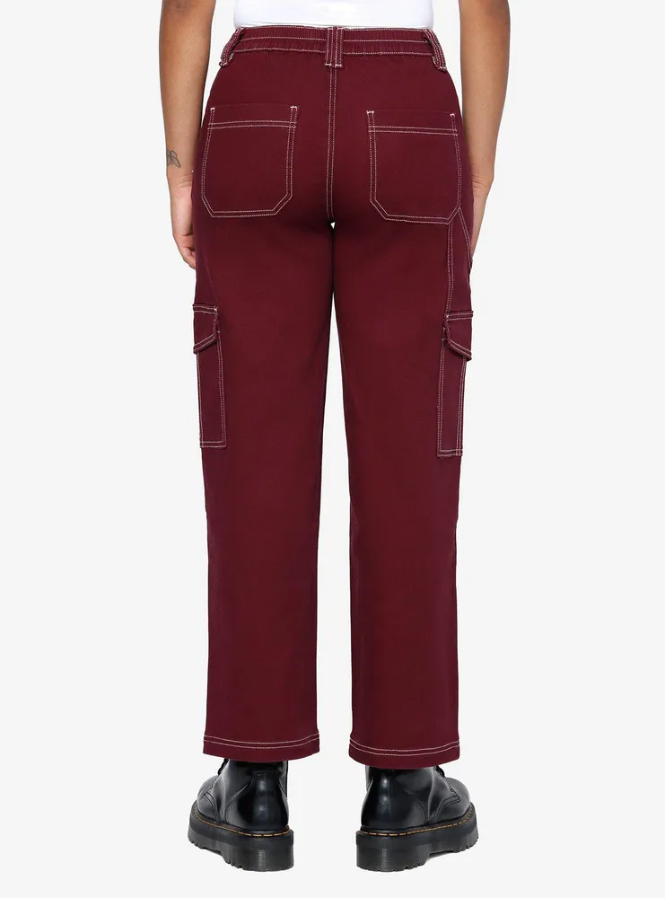 Burgundy Contrast Stitch Girls Cargo Pants