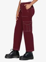 Burgundy Contrast Stitch Girls Cargo Pants