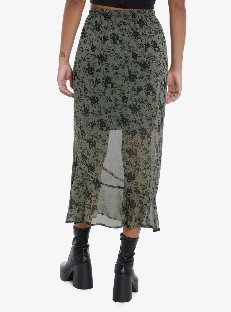 Thorn & Fable Olive Floral Mesh Midi Skirt