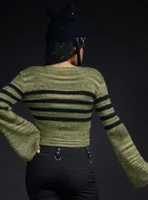 Social Collision Green & Black Stripe Bell Sleeve Sweater