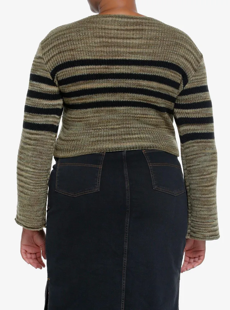 Social Collision Green & Black Stripe Bell Sleeve Sweater Plus