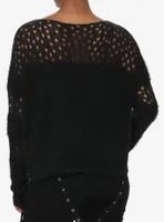 Social Collision Fuzzy Black Striped Fishnet Girls Knit Sweater