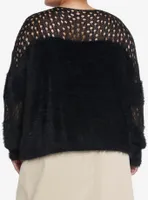 Social Collision Fuzzy Black Striped Fishnet Girls Knit Sweater Plus
