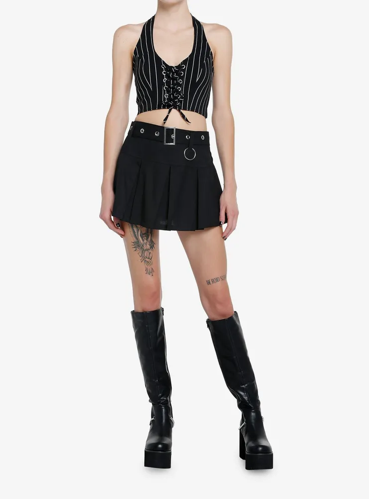 Cosmic Aura Black & White Pinstripe Girls Crop Vest