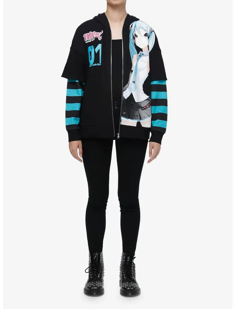 Hatsune Miku Jumbo Print Stripe Girls Hoodie