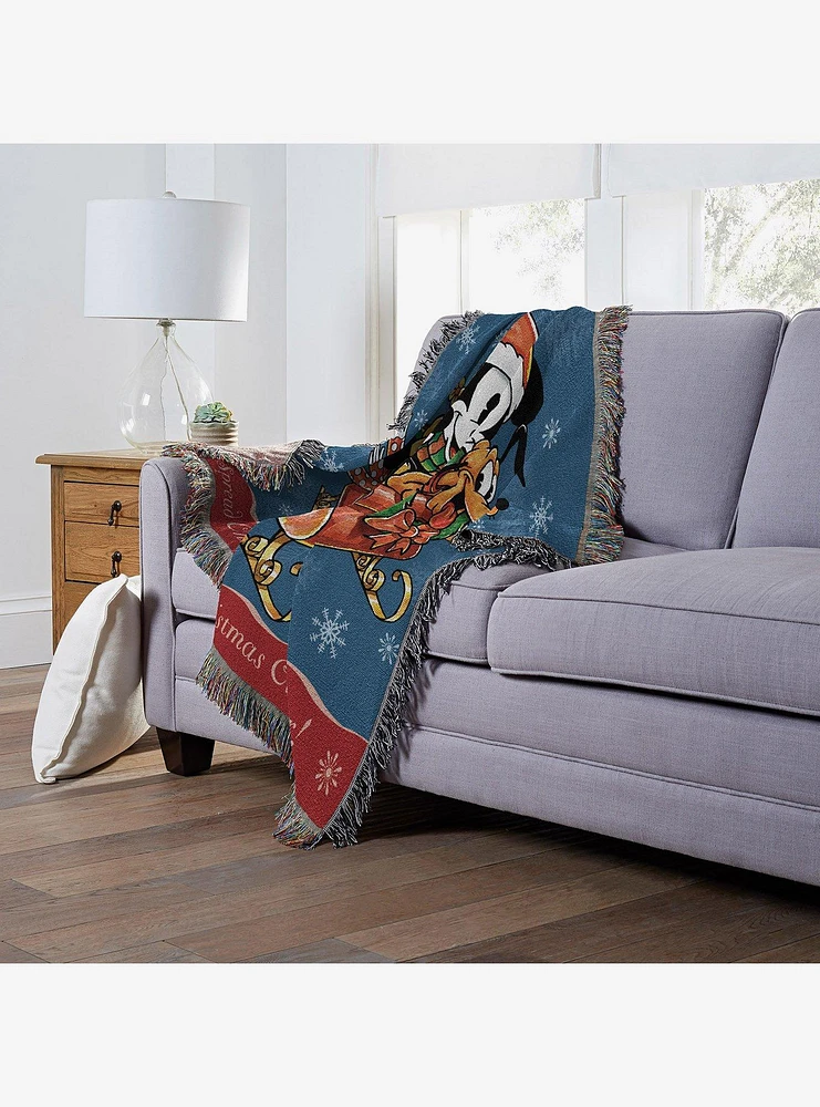 Disney Mickey Mouse Sleigh Ride Woven Tapestry Throw Blanket