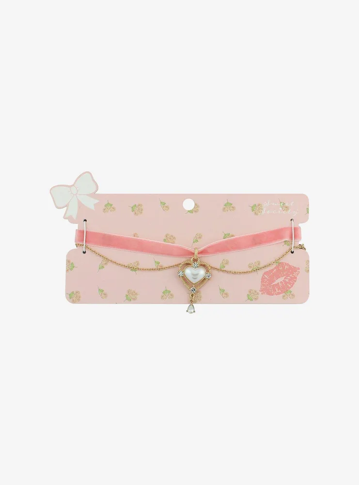 Sweet Society Heart Pink Velvet Layered Choker