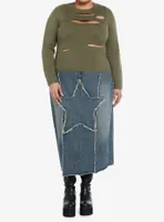 Social Collision Olive Distressed Cutout Girls Sweater Plus