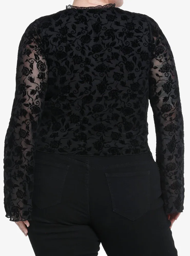 Cosmic Aura Black Rose Flocked Girls Bell Sleeve Top Plus